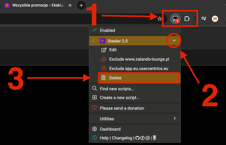 Odinstaluj stary skrypt - Krok 1